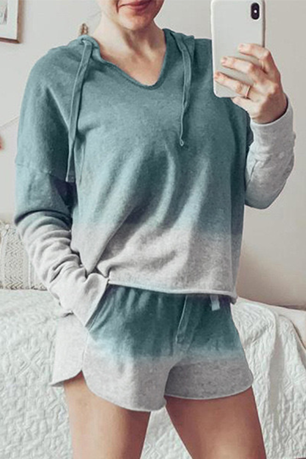 Print Make Old Draw String Hooded Collar Long Sleeve Two Pieces