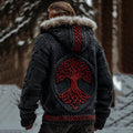 Comstylish Men's Vintage Viking Tree Of Life Celtic Art Fur Trim Hooded Cardigan