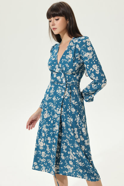 Long Sleeve V-neck Slit Midi Dress Blue