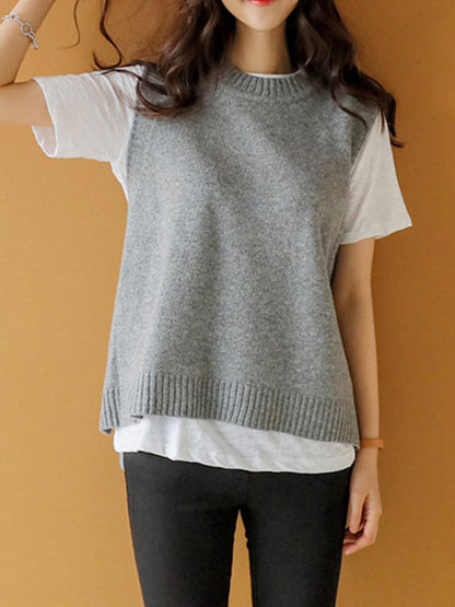 Simple Sleeveless Loose Buttoned Color Round-neck Sweater Vest Outerwear