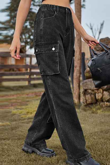 Street Pocket Mid Waist Loose Denim Jeans