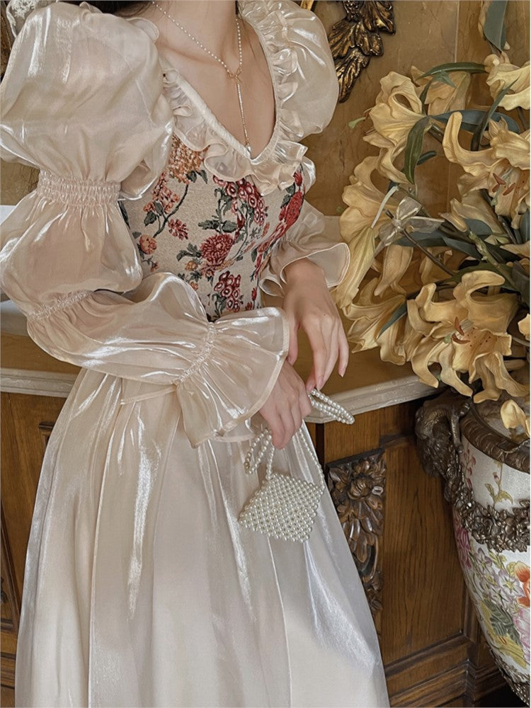 French Midi Dress Patchwork Puff Sleeve Ruffles A-line Autumn Spring Evening Party Prom Robe Vestidos Mujer
