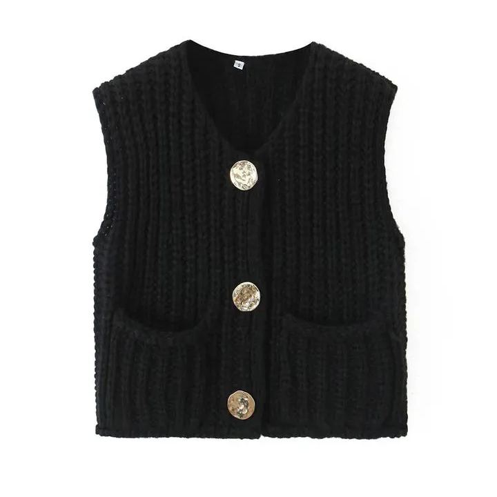 Large Buttons Color Knit Vest Cardigan