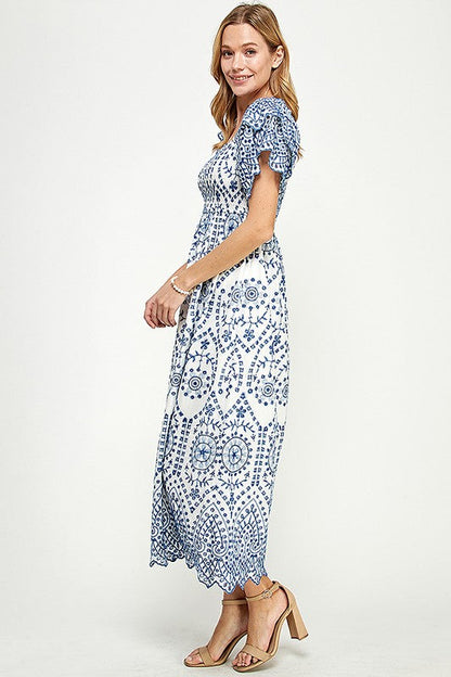 Paisley Print Lace Smocking Midi Dress