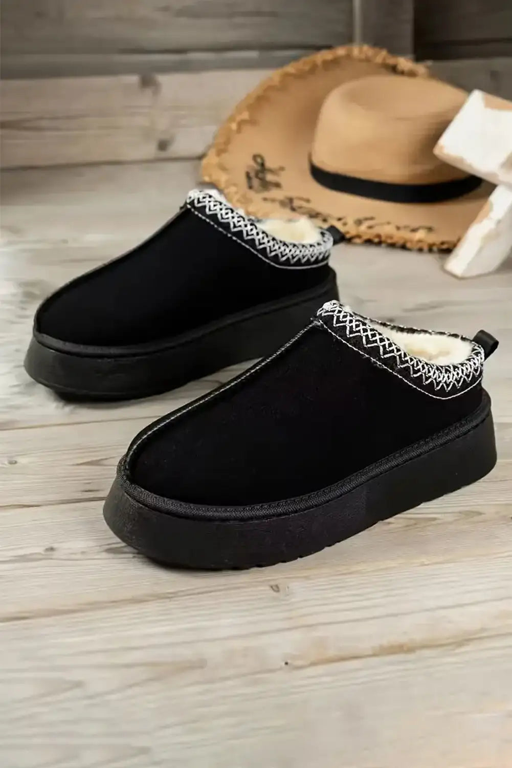 Cozy Black Suede Contrast Print Snow Boots