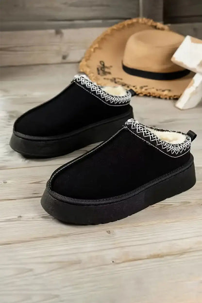 Cozy Black Suede Contrast Print Snow Boots