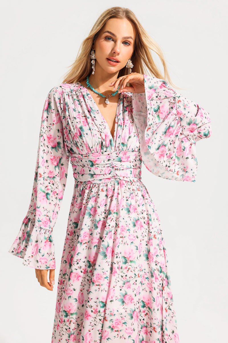 V-neck Ball Sleeve Midi Dress