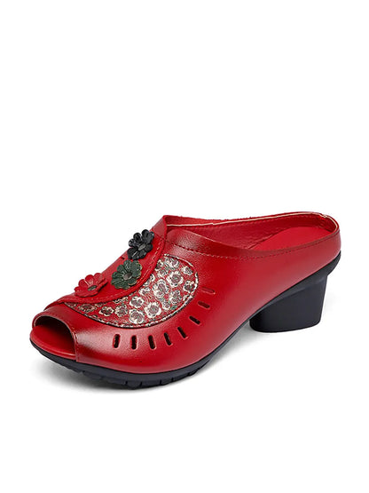 Summer Leather Flower Mid-heel Sandals Oo1050