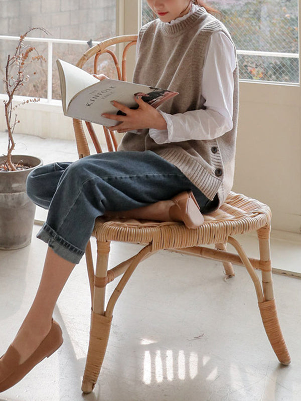 Simple Sleeveless Loose Buttoned Color Round-neck Sweater Vest Outerwear