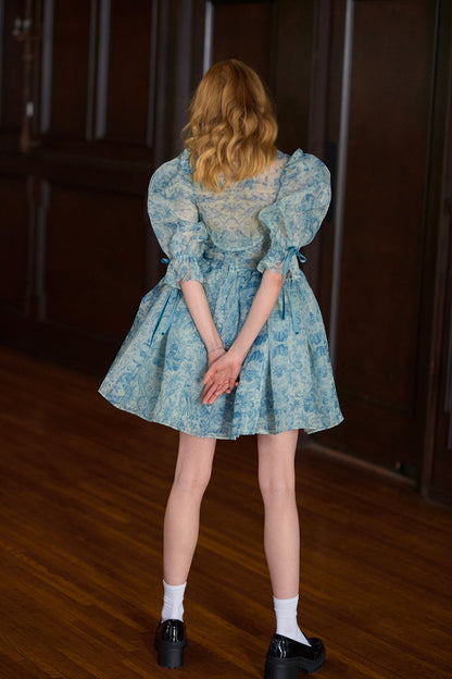 Puff Sleeve Lace Up Doll Collar Mini Dress