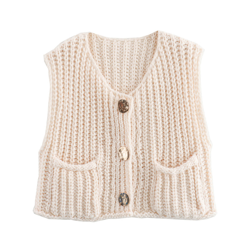 Large Buttons Color Knit Vest Cardigan