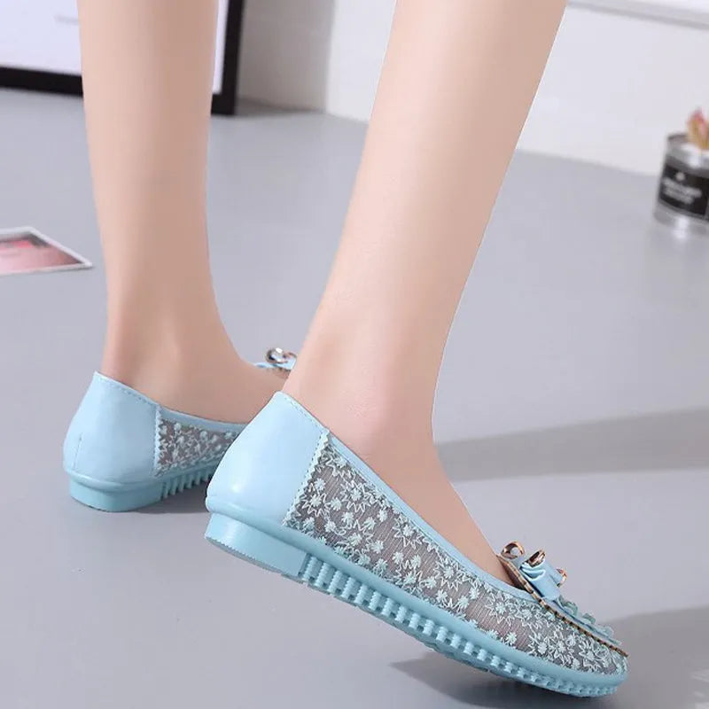 Applique Bowknot Decor Wedding Bridal Shoes Lace Split Joint Ballet Flats