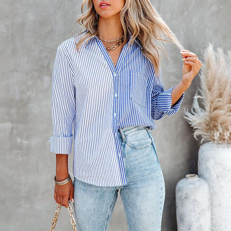 Autumn Winter New Striped Printing Color Contrast Long Sleeved Cardigan Single Breasted Shirt