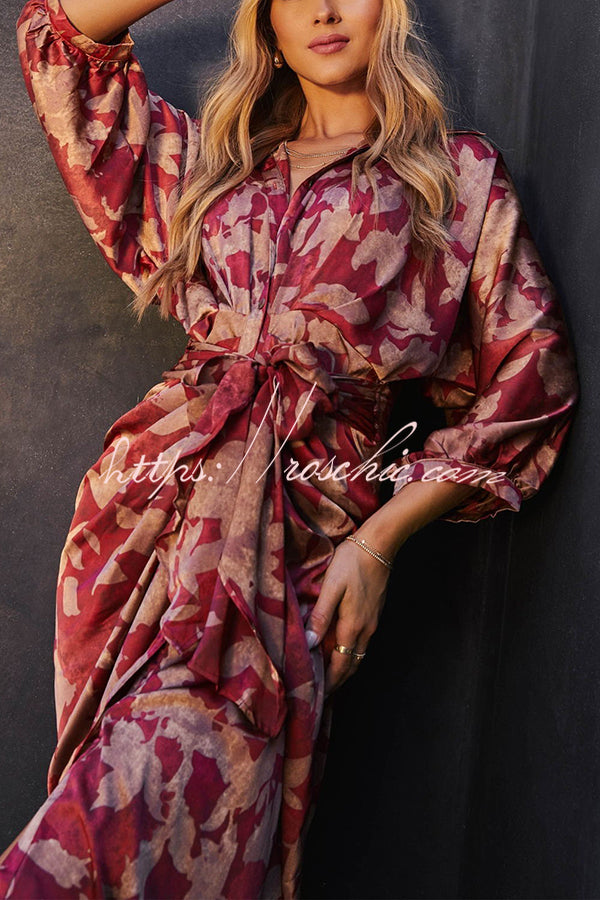 And Charming Satin Adjustable Waist Tie Button Draped Shirt Midi Dress