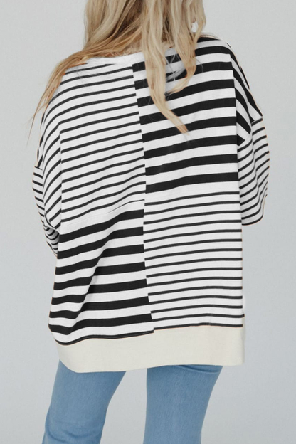 Stripe Buttons Patchwork Contrast O Neck T-shirts