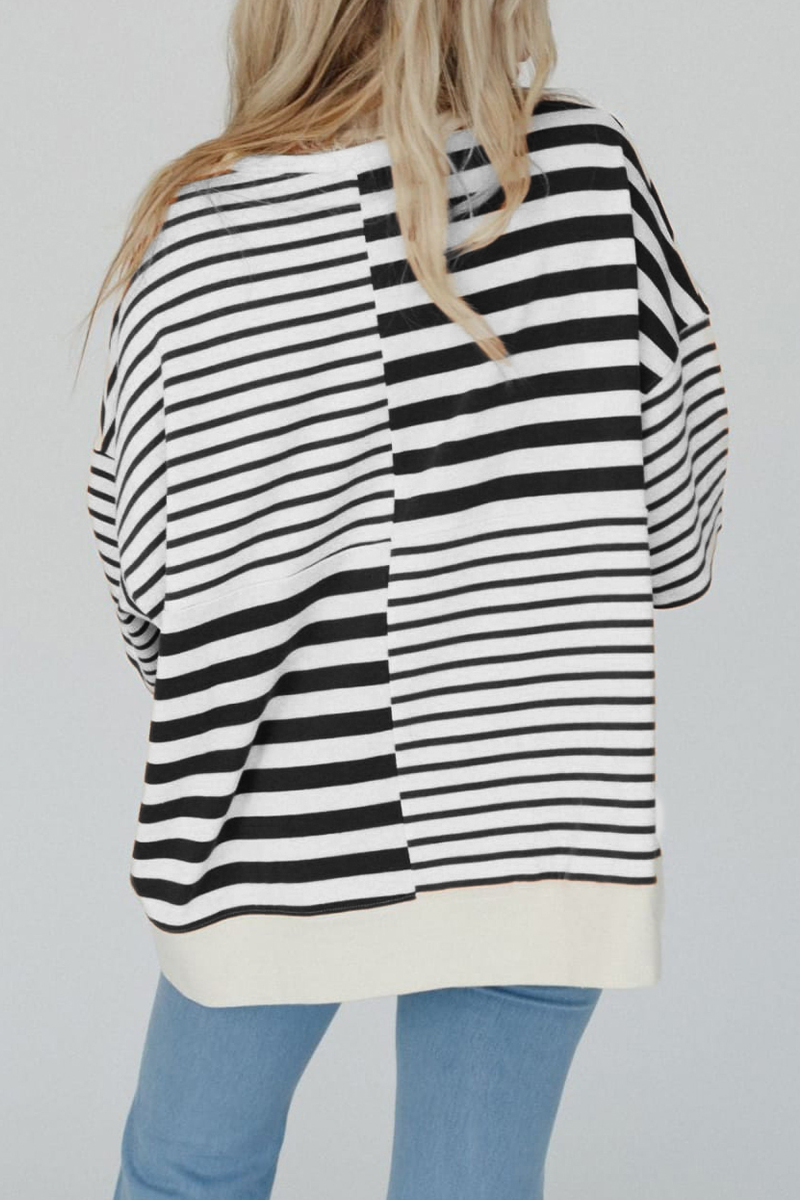 Stripe Buttons Patchwork Contrast O Neck T-shirts