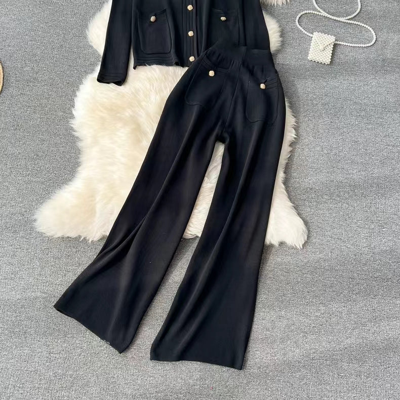 Knitted Cardigan Top Spring Autumn High End Sweater Jacket High Waist Slimming Wide Leg Pants Suit