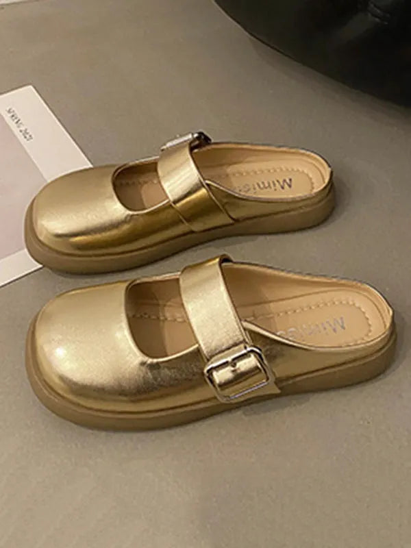 Belt Buckle Round-toe Shallow Cut Split-joint Platform Shoes Slippers&mules
