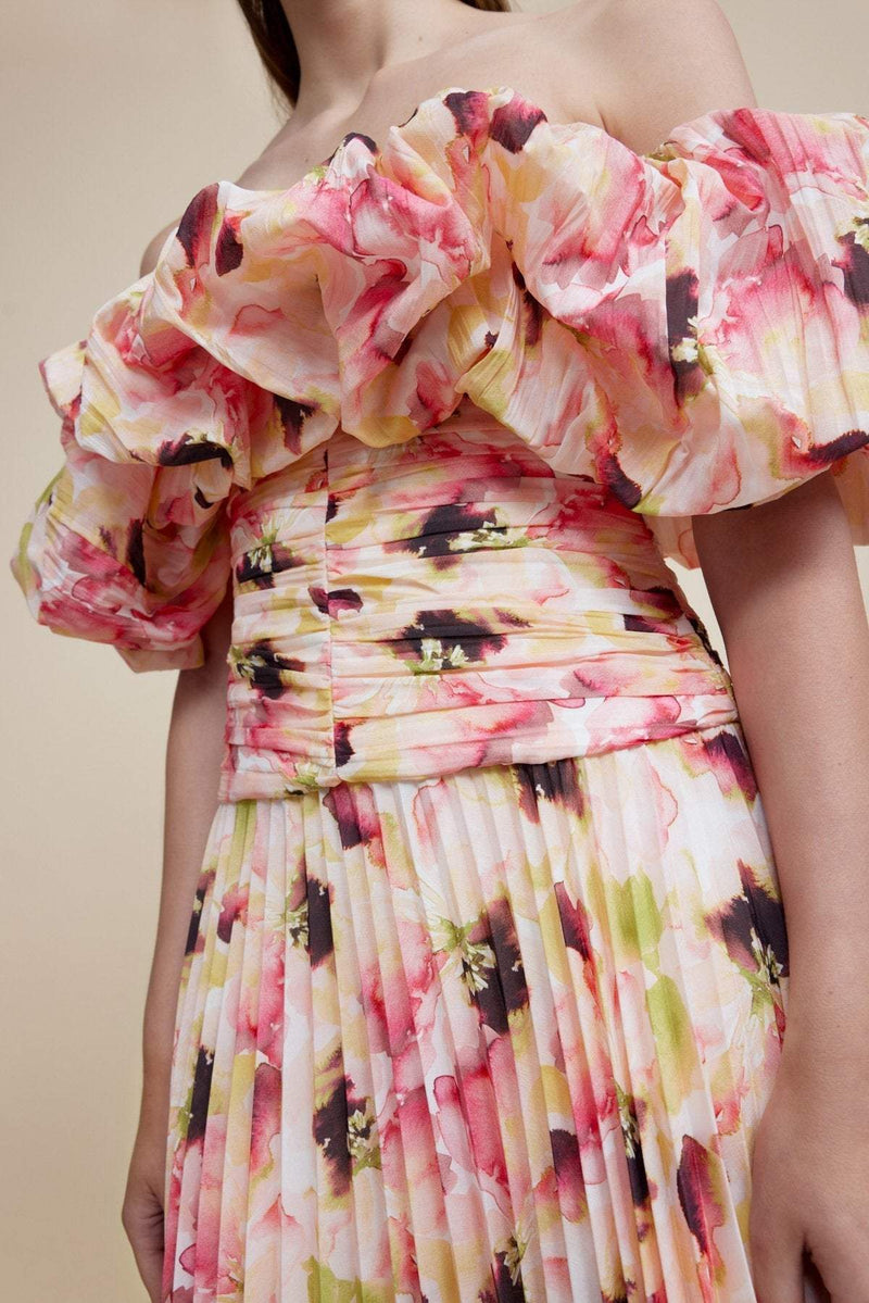 Off-shoulder Puff Sleeve Pleated Midi Dress