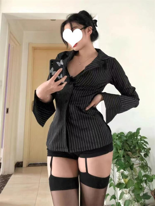 Blouses Black Stripe Slim Fit Shirts Long Sleeve Top Korean Office Lady Aesthetic Shirt