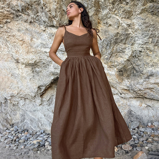 French Khaki Cotton Linen Breathable Strap High Waist Dress Spring Holiday Maxi Dress