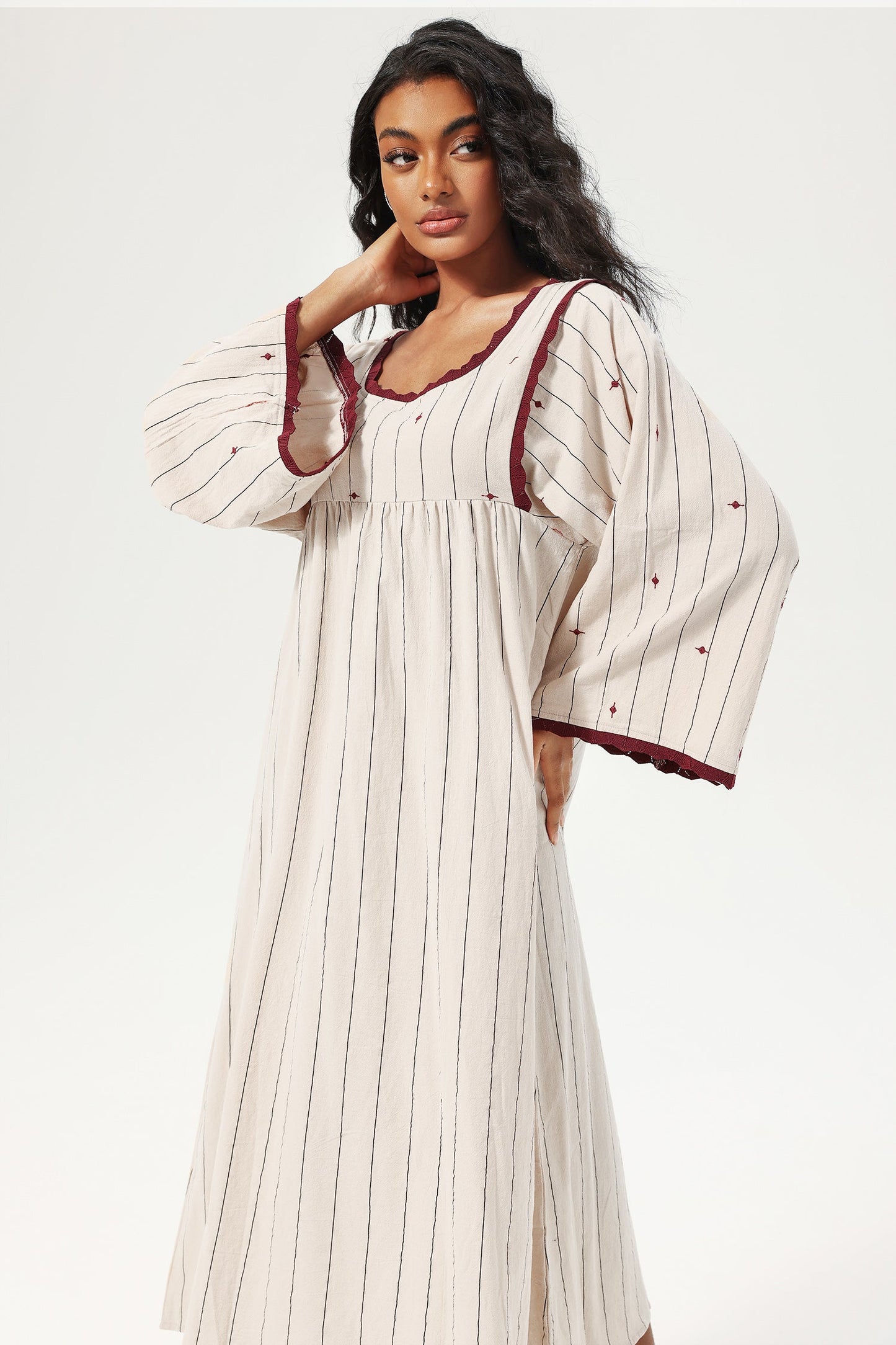 Striped Flared Sleeve Square Collar Knit Midi Dress