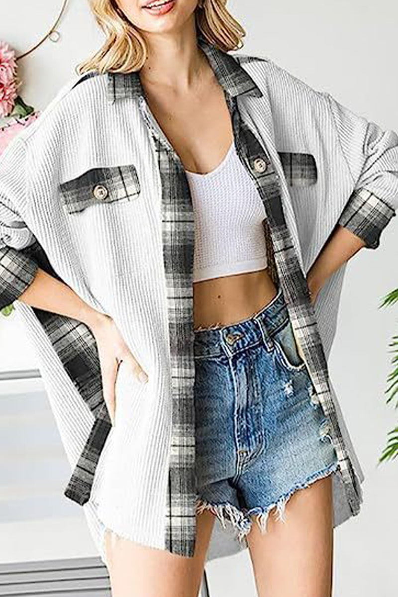 Color Block Pocket Contrast Turndown Collar Tops