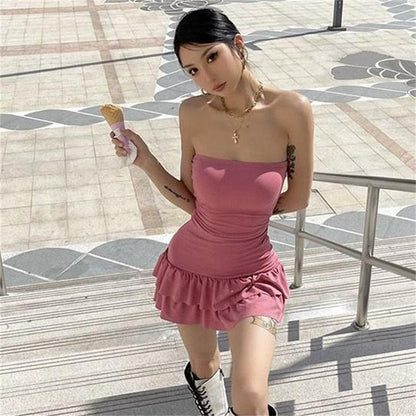 Summer Mini Dress Sleeveless Backless Pleated Bodycon Black Dress Party Strapless A-line Dresses