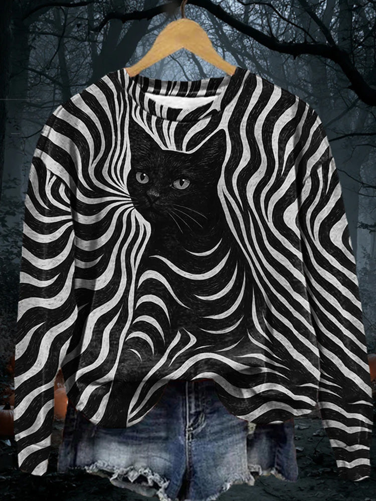 Women's Halloween Black Cat Stripes Print Casual Sweatshirt artswardrobe