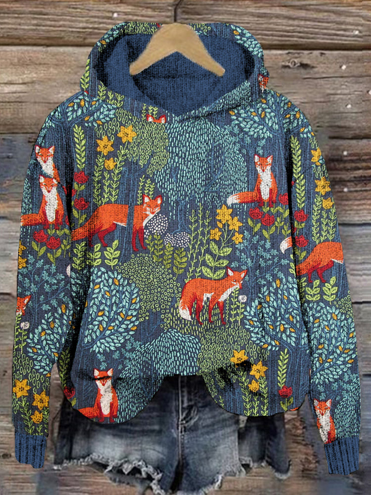 Fox in the Forest Graphic Vintage Cozy Knit Hoodie artswardrobe