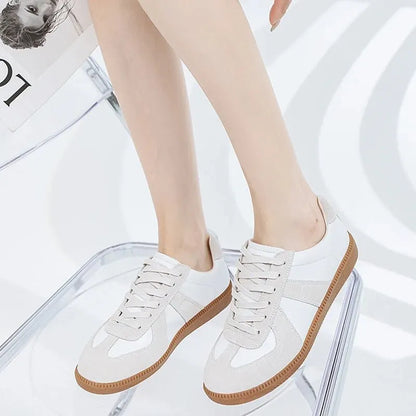 Genuine Leather Silver Sneakers - Lace-up Athletic Flats