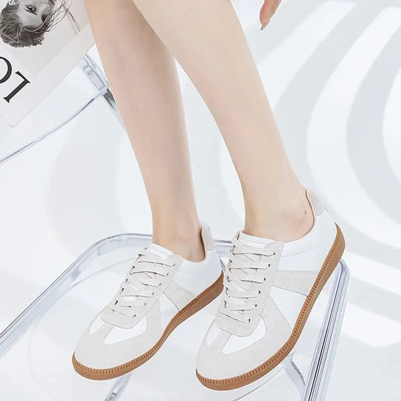 Genuine Leather Silver Sneakers - Lace-up Athletic Flats