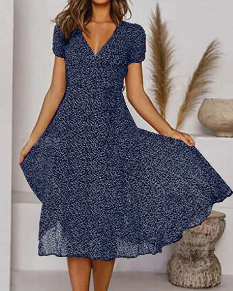KS | Printed chiffon dress with short sleeves and V-neckline