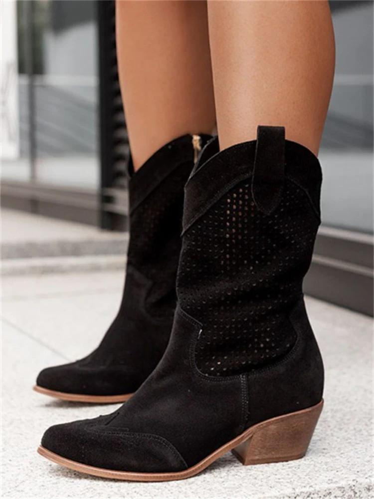 KS | Mid High Heel Branded Suede Low Cut Women's Boots Trendy
