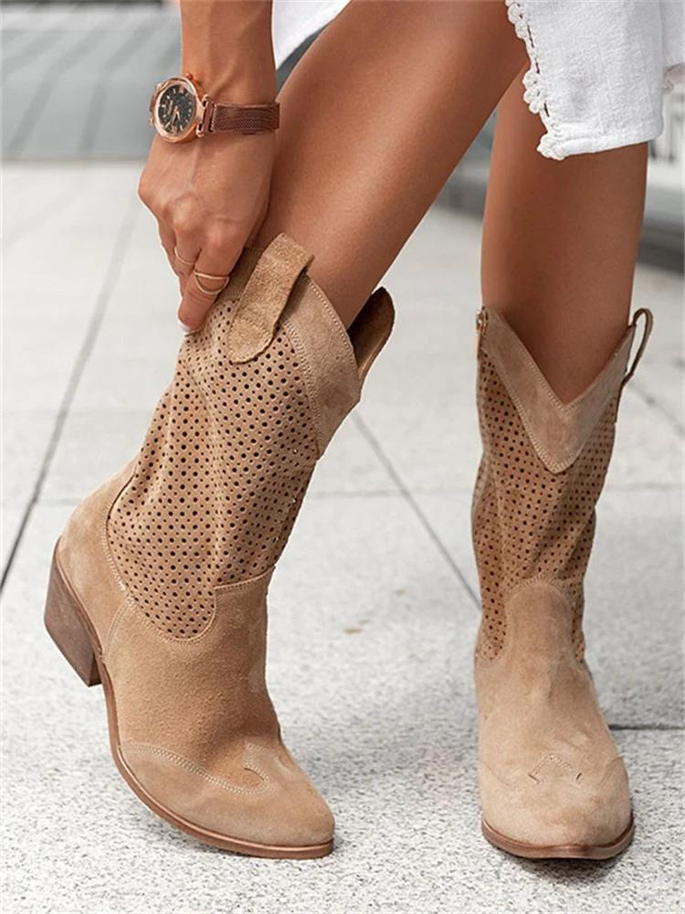 KS | Mid High Heel Branded Suede Low Cut Women's Boots Trendy