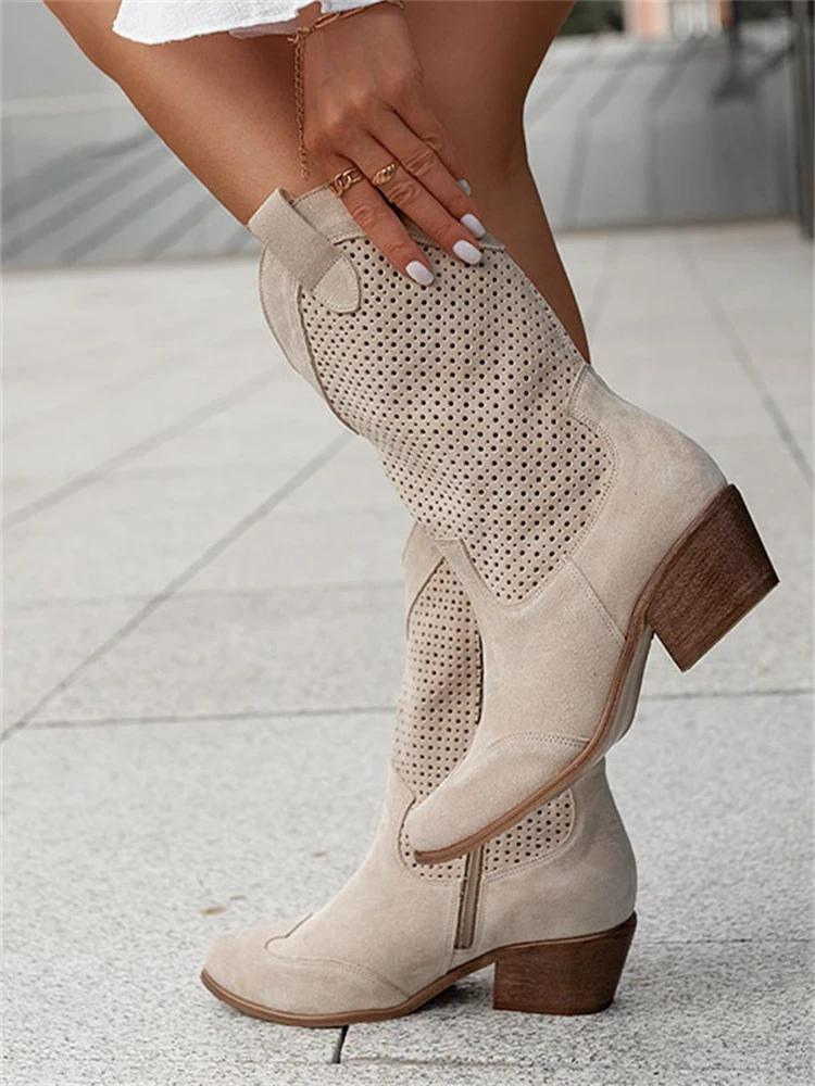 KS | Mid High Heel Branded Suede Low Cut Women's Boots Trendy
