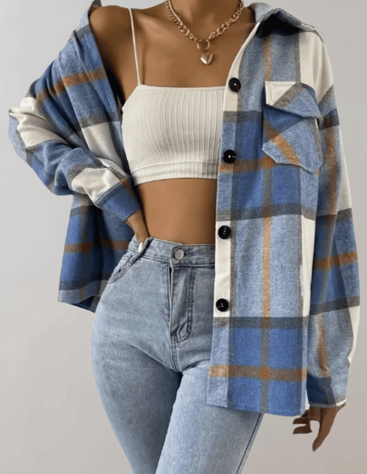 JO | Stylish blue plaid oversized ladies coat