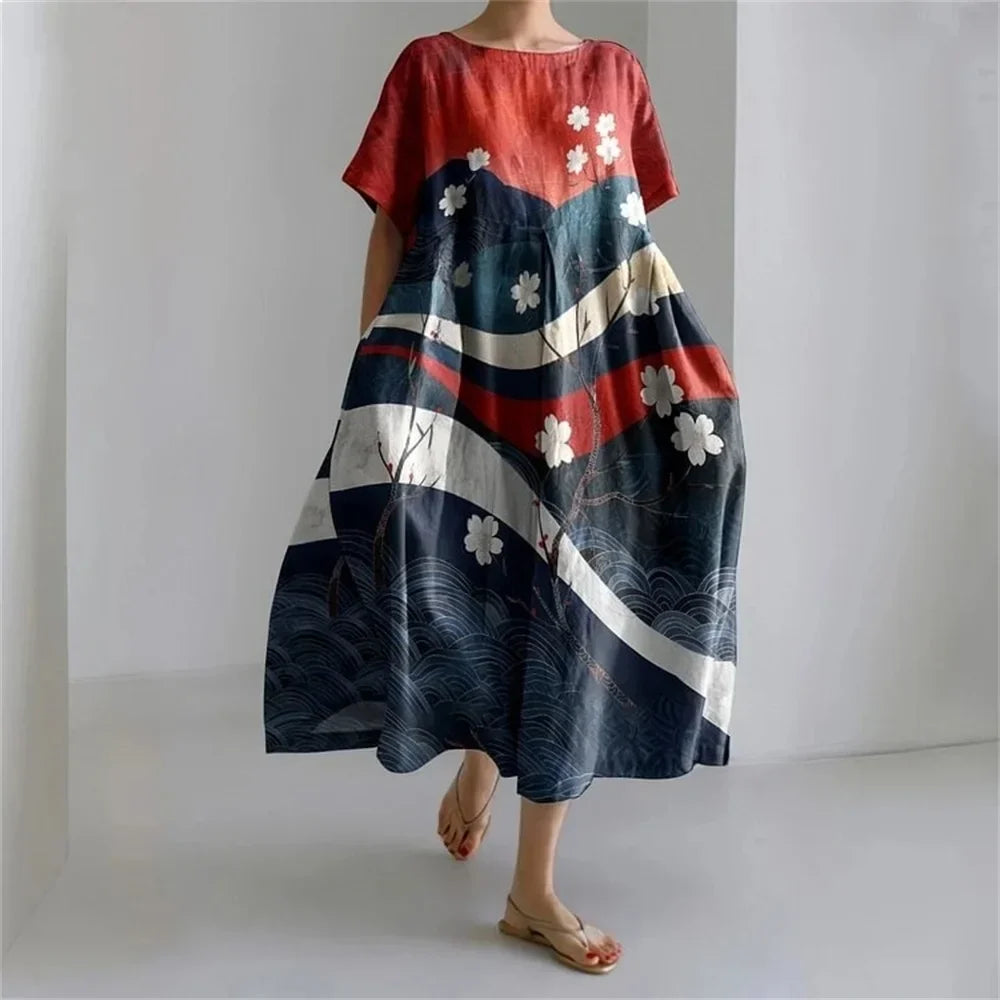 KS | Plus-Size Loose Fit Summer Dress with Pocket & O-Neck Elegant Summer Maxi Dress