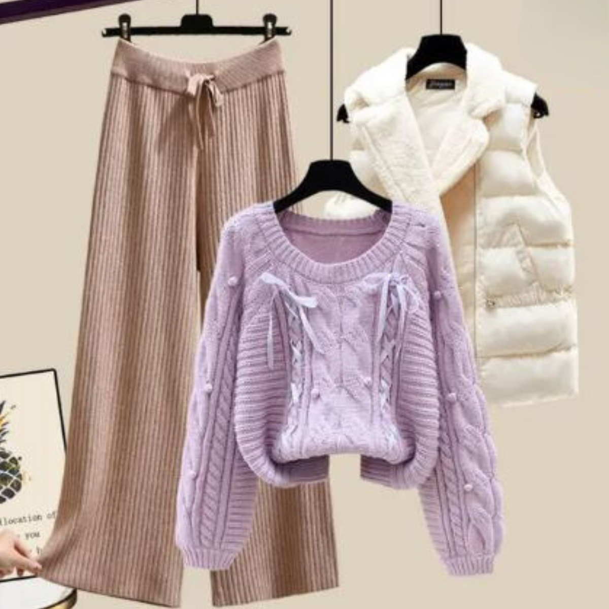 JO | Three-piece women's vest jacket, loose sweater and wide trouser legs