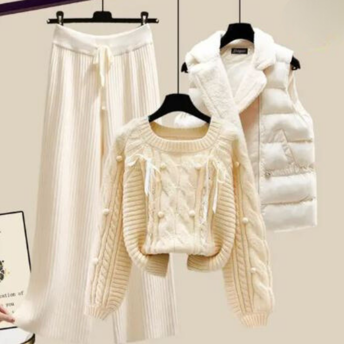 JO | Three-piece women's vest jacket, loose sweater and wide trouser legs