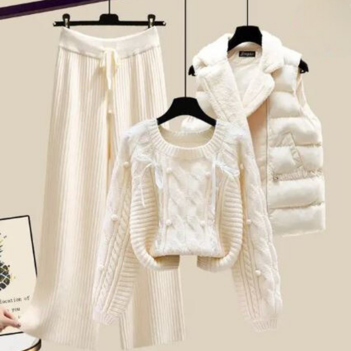 JO | Three-piece women's vest jacket, loose sweater and wide trouser legs