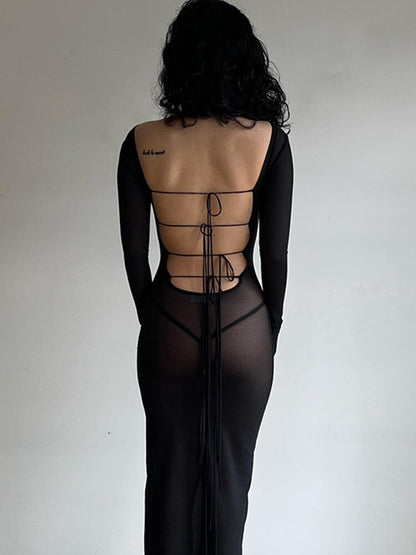 Backless Strappy Dress Summer Outfits for Long Sleeve Tulle Maxi Dresses Vestido