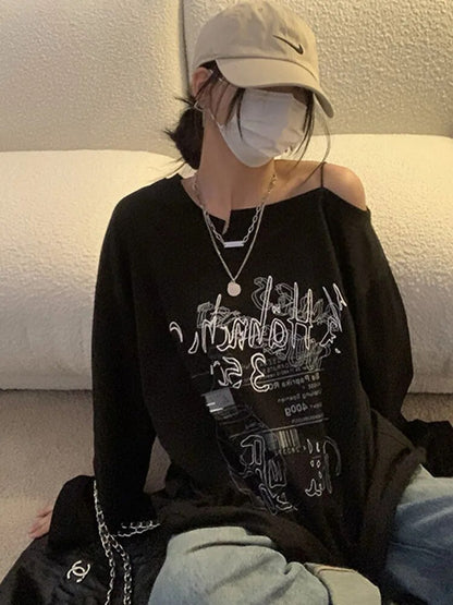 Y2k T-shirt Fairy Grunge Letter Print Tops Black Autumn Off Shoulder Long Sleeved Korean Tees Loose Harajuku Shirt