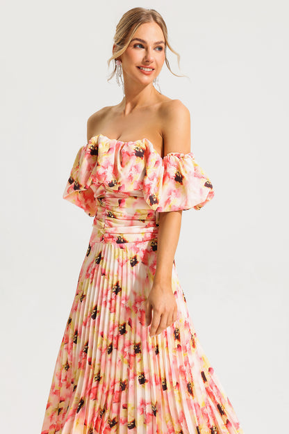 Off-shoulder Puff Sleeve Pleated Midi Dress Pink