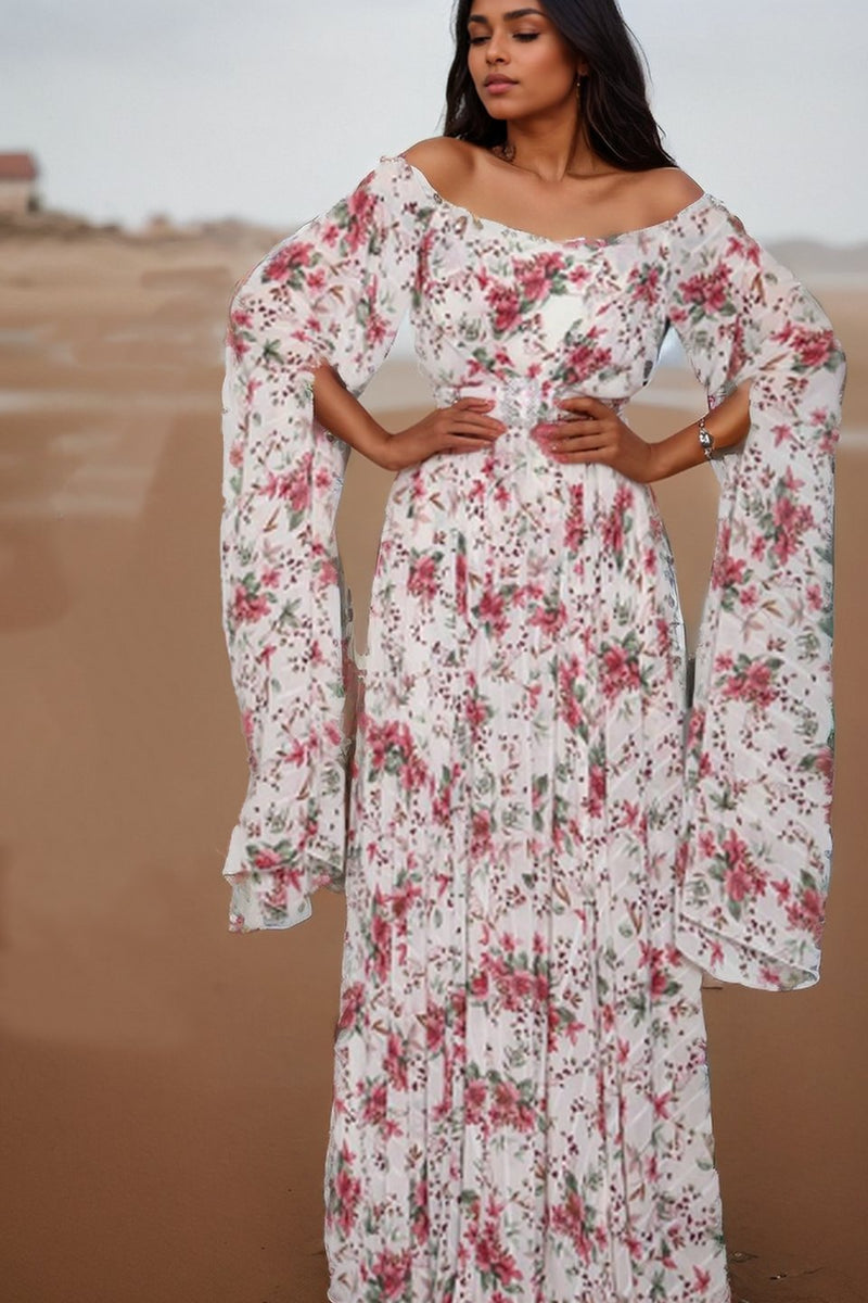 Clara Printed Off-shoulder Belted Maxi Dress