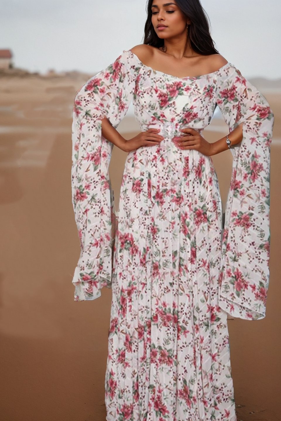 Clara Printed Off-shoulder Belted Maxi Dress