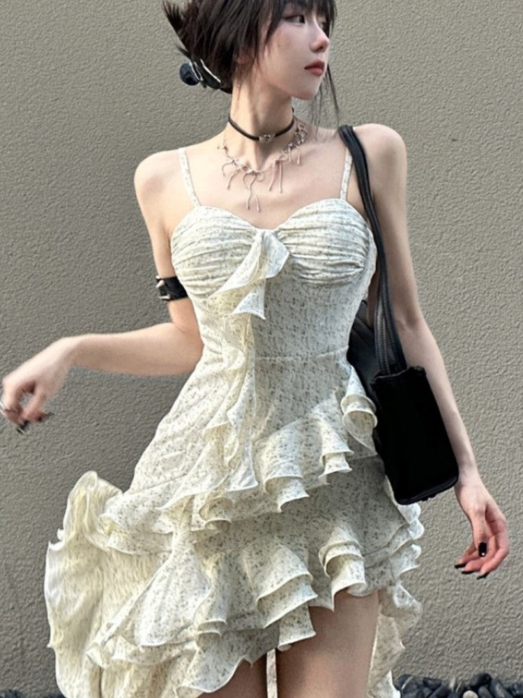 Y2k Spaghetti Strap Irregular Dress Layered Ruffles Slim Party Dress Spring New Prom Robe Wedding Vestidos Mujer