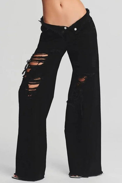 Ripped Patchwork Mid Waist Regular Denim Jeans (subject to the Actual Object)