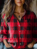 Comstylish Women's Christmas Plaid Pattern Print Casual Pocket Shirt