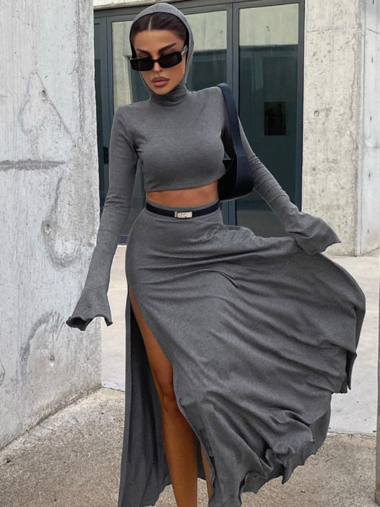 Taruxy Loose Side Slit Skirt Two Piece Sets Outfits Dress Sets Short Long Sleeve Hoodies and Skirts Suit Femme